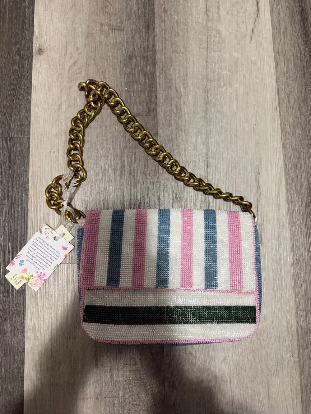 Pink, white, blue, and green stripe beaded bag with gold chain • NWT